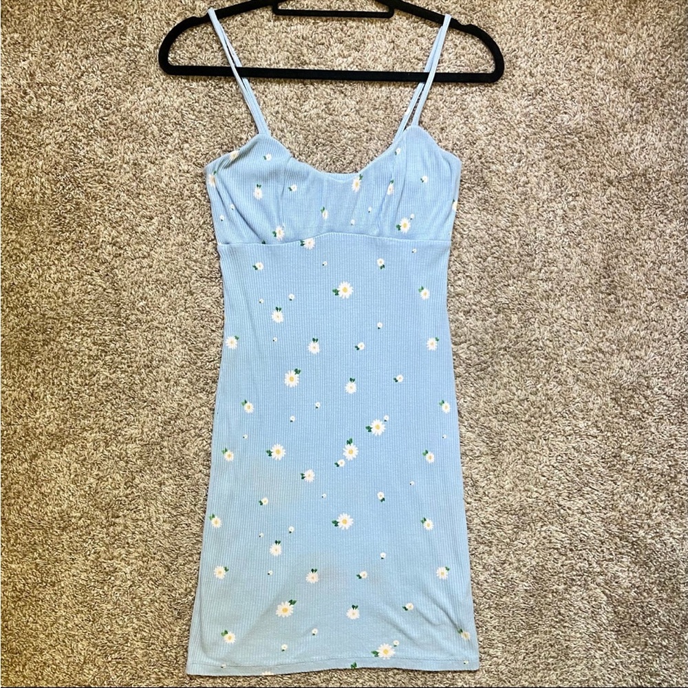Light Blue Daisy Print Ribbed Mini Dress - Picture 11 of 12